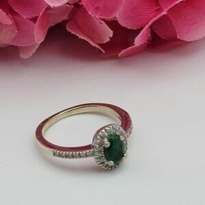 Vintage 14K White Gold Emerald Diamond Halo Ring EMA Signed Size 4.5